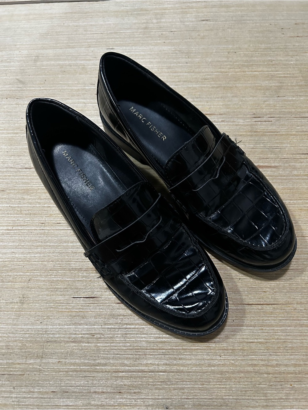 Marc Fisher Black Croc-Embossed Patent Leather Penny Loafers